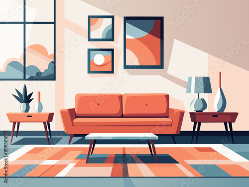 A brightly lit modern living room with orange sofa and geometric art