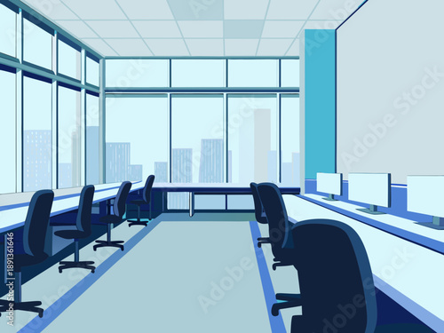 Minimalist office space with large windows overlooking a city skyline