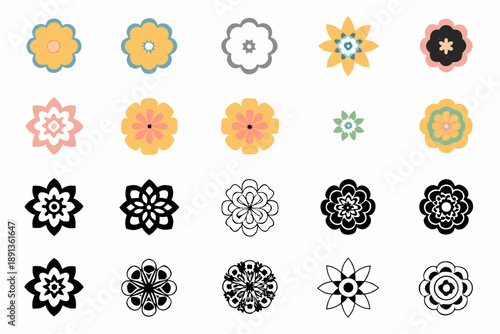 Collection of colorful and monochrome floral design elements arranged in a grid