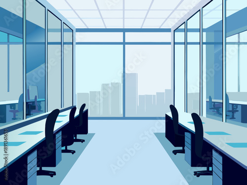 A bright minimalist office space overlooks a distant cityscape through large windows