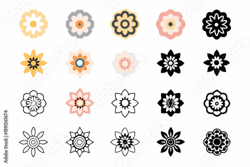 Collection of stylized floral icons in various colors and designs