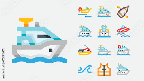 Cruise liners and sea travel icons set