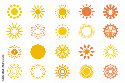 Collection of diverse sun icons with varying styles and radiant designs