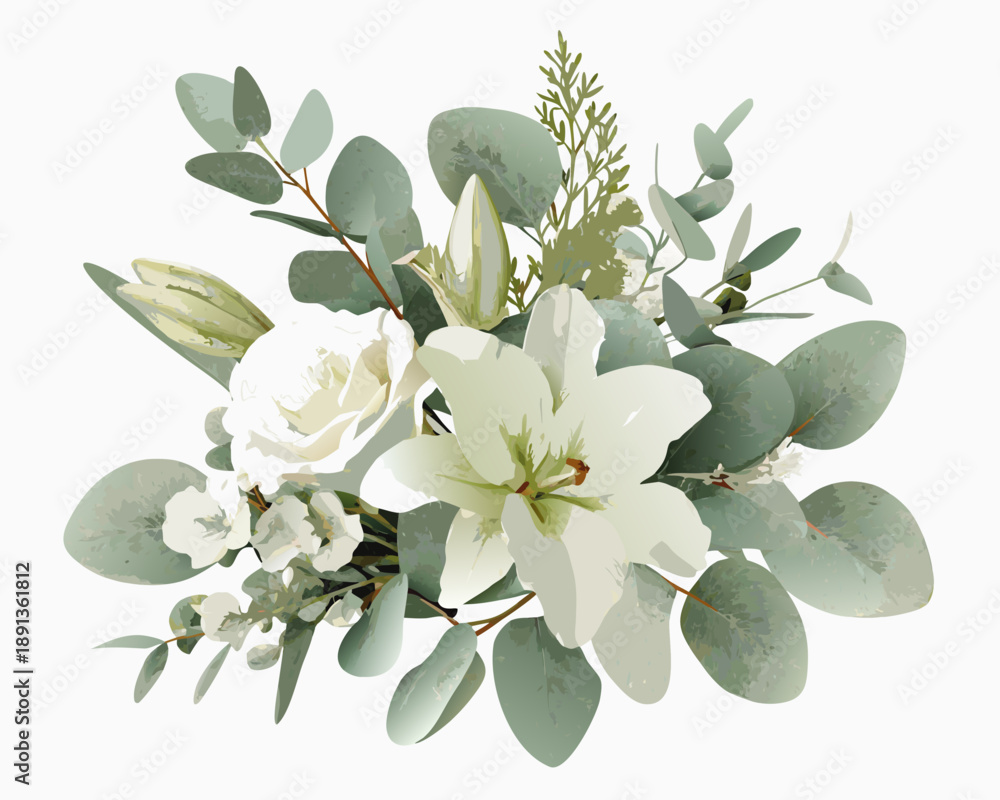 Ταπετσαρία Watercolor floral arrangement featuring lilies roses and eucalyptus leaves