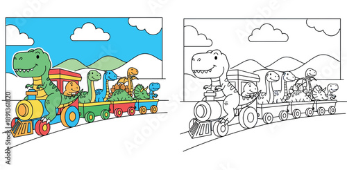 Cute cartoon dinosaurs riding a colorful steam train, happy T-rex driving locomotive with reptile friends, funny vector illustration for kids.