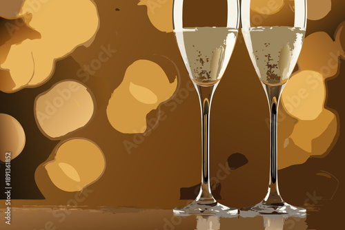 Two champagne glasses clink in celebration with blurred bokeh lights