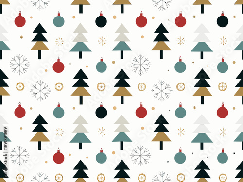 Festive christmas pattern with trees ornaments and snowflakes on white