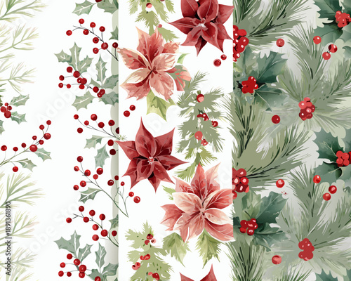 Watercolor christmas floral arrangements with poinsettia holly and pine branches