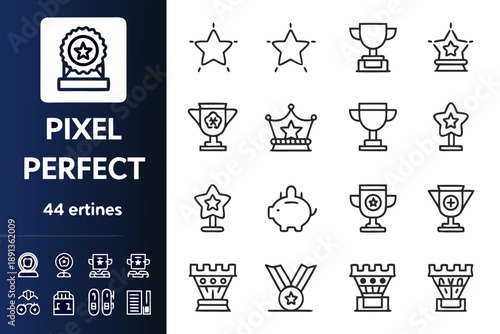 Pixel perfect icons depicting awards stars and trophies in outline style