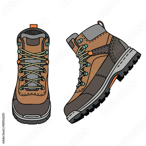 Illustration of hiking boots with laces and rugged soles