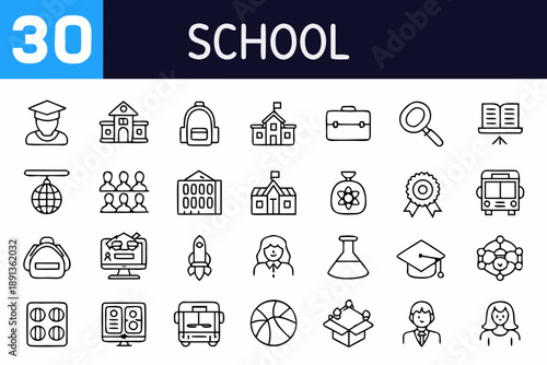 Collection of school related line icons displaying education and learning concepts