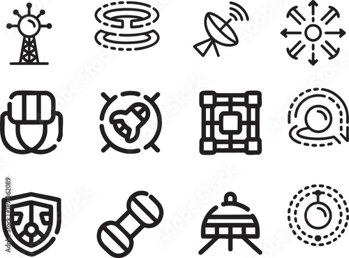 Twelve black and white line representing communication technology and scientific concepts science