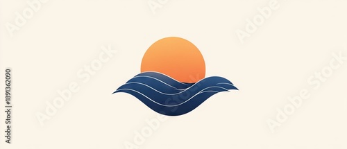 Minimalist logo featuring a sun setting or rising over stylized waves in blue and orange