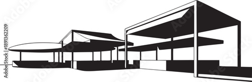 Black and white architectural of a modern building with multiple angular structures and a cylindrical entrance