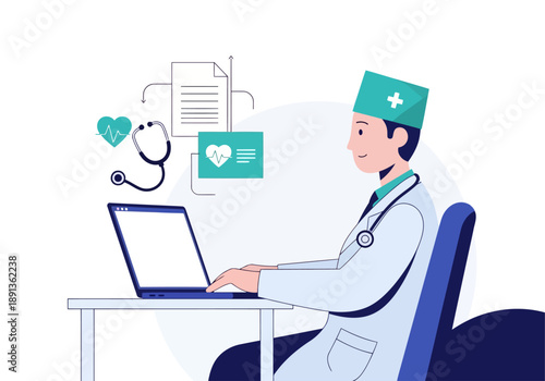 doctor working on laptop flat illustration