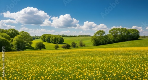 Campo con dientes de león y cielo azul.