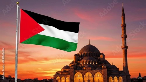 Palestinian Flag Waving in Front of Mosque at Sunset