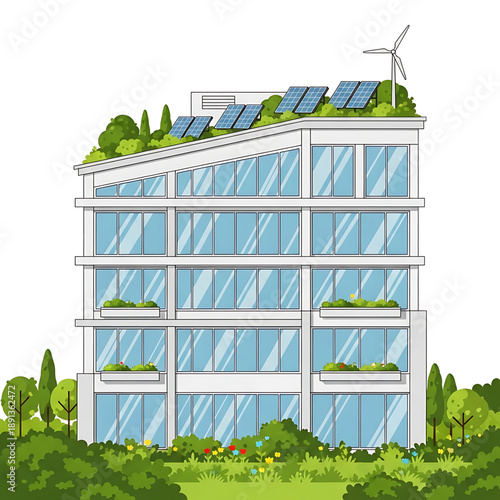 Modern eco hospital building with solar panels and green rooftop.
