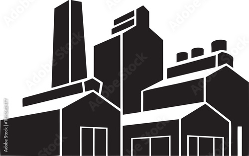 Black and white line of industrial factory buildings with tall chimneys and multiple rooftops