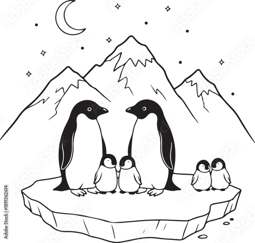 A heartwarming penguin family on an ice floe under a starry night sky with mountains