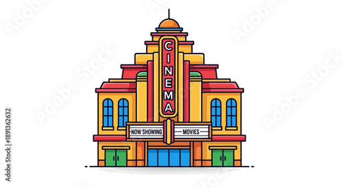 Stylized cinema building facade showcasing bold architectural elements and vibrant colors