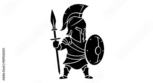 Stylized depiction of a spartan warrior in silhouette wielding spear and shield