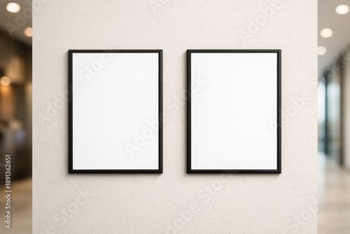 Two blank vertical poster frames mockup hanging on a textured cream wall in a modern hallway interior.