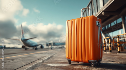 A large orange suitcase is sitting on the ground next to an airplane