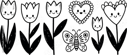 Whimsical kids doodle row of smiling tulips hearts and butterfly in hand drawn black line art flat vector playful cream background