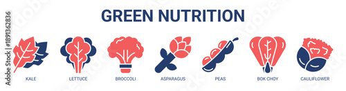 Green Nutrition web banner icon vector illustration concept with icon of kale, lettuce, broccoli, asparagus, peas, bok choy, and cauliflower.