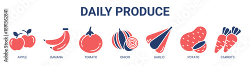 Daily Produce web banner icon vector illustration concept with icon of apple, banana, tomato, onion, garlic, potato, and carrots.