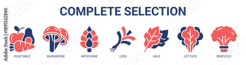 Complete Selection web banner icon vector illustration concept with icon of vegetable, mushroom, artichoke, leek, kale, lettuce, and broccoli.