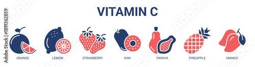 Vitamin C web banner icon vector illustration concept with icon of orange, lemon, strawberry, kiwi, papaya, pineapple, and mango.