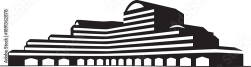 Black and white of a multi-tiered building with horizontal stripes and arched windows