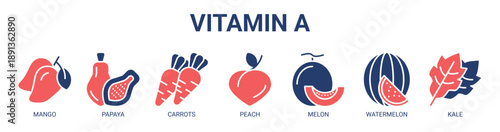 Vitamin A web banner icon vector illustration concept with icon of mango, papaya, carrots, peach, melon, watermelon, and kale.