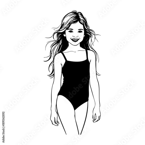 Dibujo sencillo con líneas de una chica joven de pie con bañador