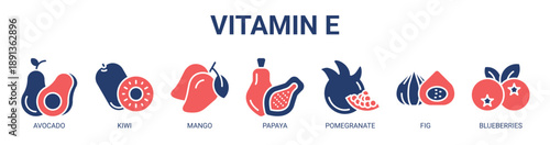 Vitamin E web banner icon vector illustration concept with icon of avocado, kiwi, mango, papaya, pomegranate, fig, and blueberries.