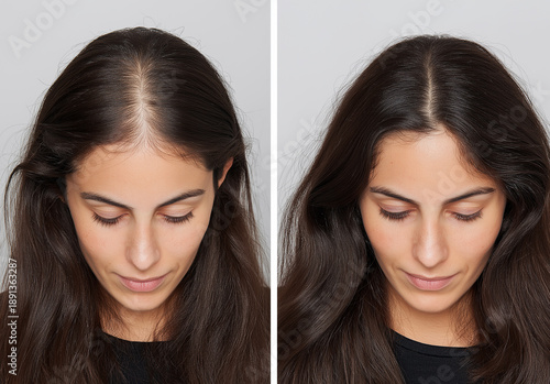 Before and after comparison of a young woman's hair loss treatment, top view showing hair regrowth and density improvement concept