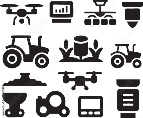 Collection of black representing agricultural technology including drones tractors and data analysis monitors