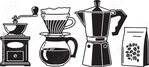 Classic coffee tools line art vector illustration.