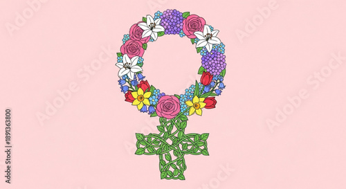 Floral Female Symbol with Colorful Flowers on Pink Background