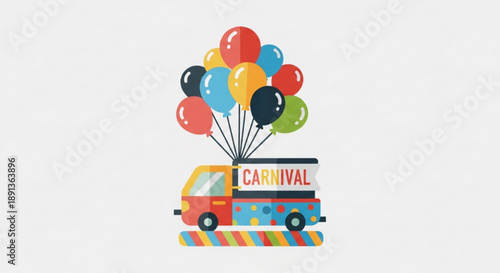 Colorful Carnival Truck with Balloons on Striped Background