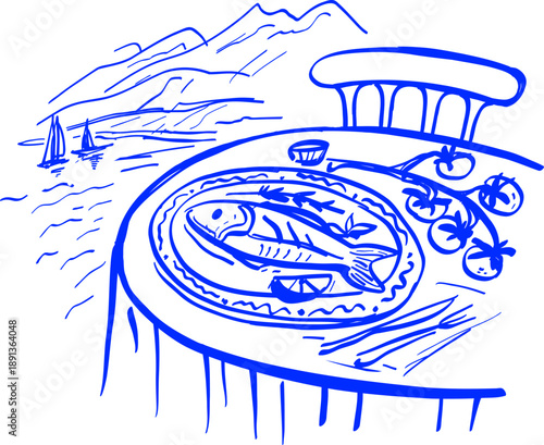 Fish Restaurant by the Sea Sketch Illustration. Mediterranean Summer Lunch Line Art