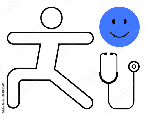 Health and wellness concept. Health is ed by yoga for fitness, a stethoscope for medical care, and a happy face for mental health. Perfect for wellness, healthcare, fitness, mindfulness, holistic