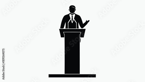 Businessman giving a presentation in a black and white silhouette style standing confidently at a podium