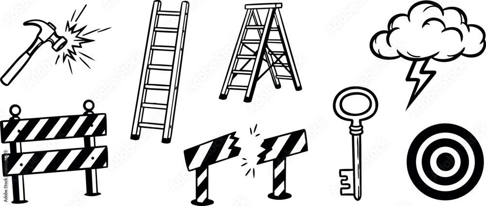 Fototapeta premium Hand drawn black and white hammer smashing barrier with ladder, broken barricade, key, lightning cloud and target vector set