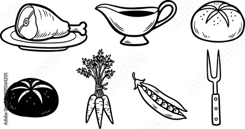 Hand drawn black ink style illustration of ham leg on plate, gravy boat, bread loaves, carrots, pea pod, and carving fork set isolated on white background