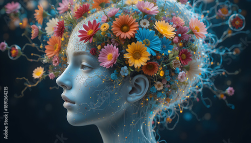Surreal woman with vibrant flowers emerging from her head