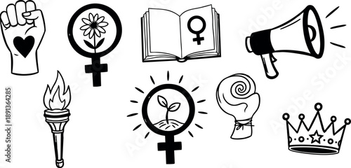 Hand drawn feminist symbols with heart fist, flower, seedling, book, megaphone, torch, boxing glove, and crown in black line art style
