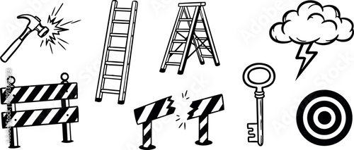 Hand drawn black and white hammer smashing barrier with ladder, broken barricade, key, lightning cloud and target vector set